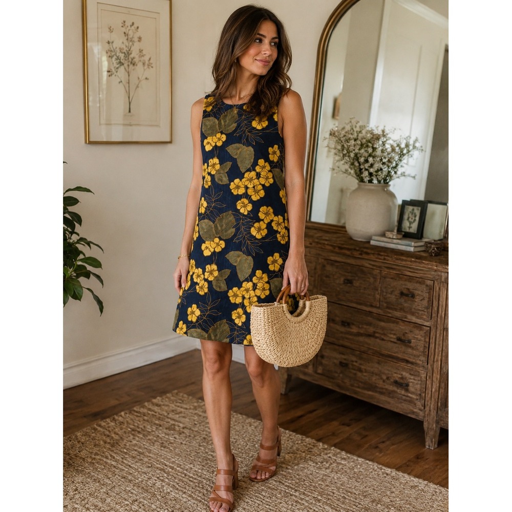 Tommy Bahama Silk Floral Shift Dress Size 12 | Navy & Mustard Tropical Resort - Picture 1 of 14